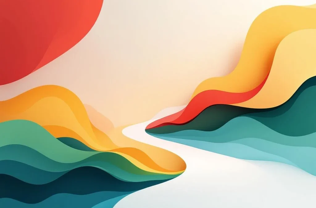 Abstracte transformatie van hoekige geometrische vormen naar vloeiende organische curves in Q4 merkkleuren rood, geel, groen en blauw