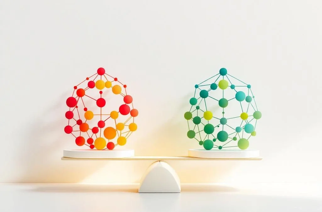 Twee abstracte weegschaal symbolen met kleurrijke geometrische patronen op witte achtergrond voor vergelijking en analyse.