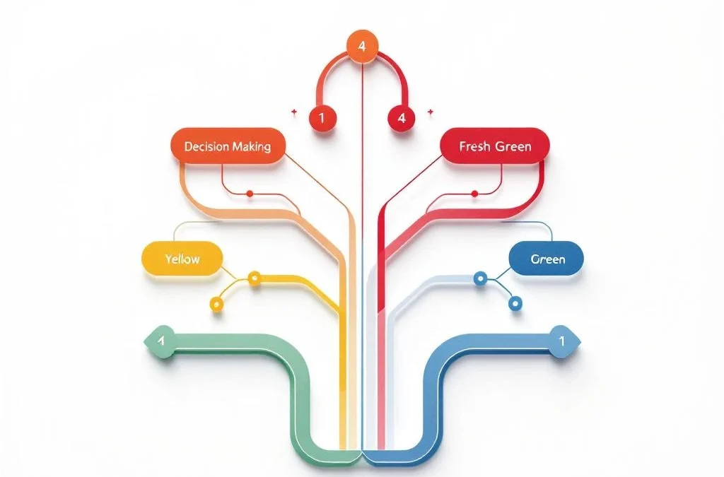 Besluitvormingsdiagram met vier gekleurde takken (rood, geel, groen, blauw) die verschillende keuzes tonen op witte achtergrond