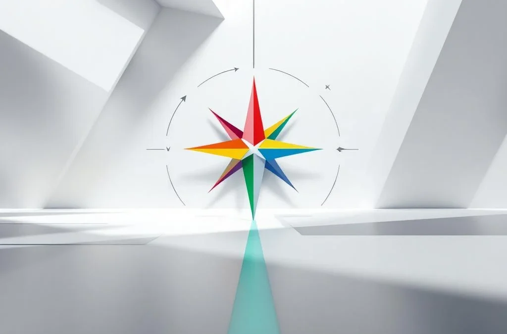 Abstracte kompas met rode, gele, groene en blauwe punten omringd door geometrische pijlen op witte achtergrond