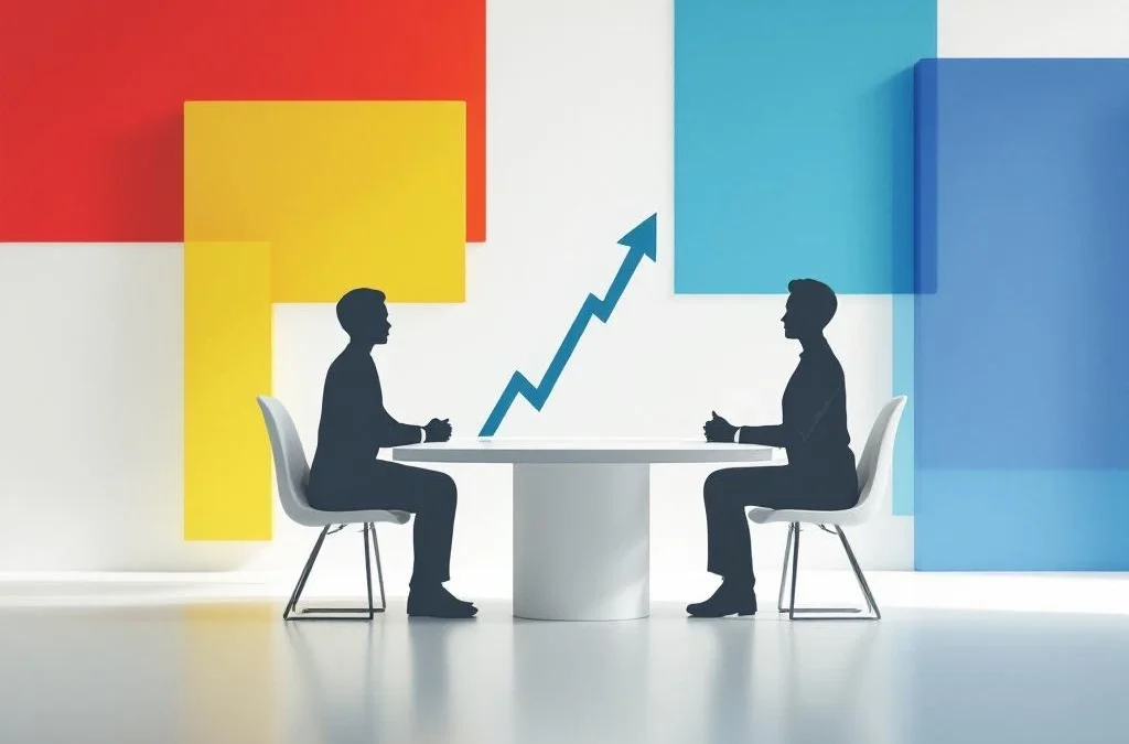 Twee silhouetten in coaching gesprek aan tafel met opwaartse pijl, kleurrijke geometrische achtergrond in rood, geel, groen, blauw