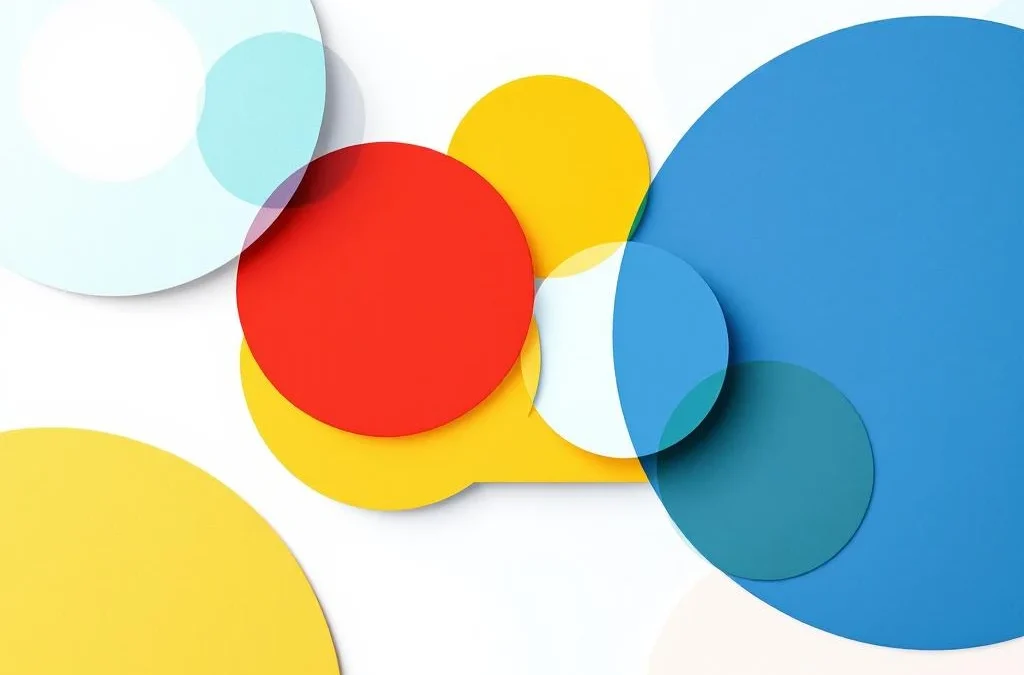 Abstracte geometrische vormen in rood, geel, groen en blauw die coaching en emotionele intelligentie symboliseren