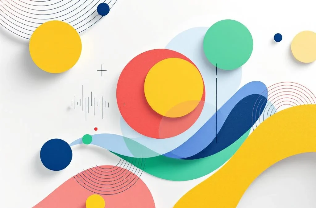 Abstracte geometrische vormen in rood, geel, groen en blauw die communicatie en luisteren verbeelden op witte achtergrond