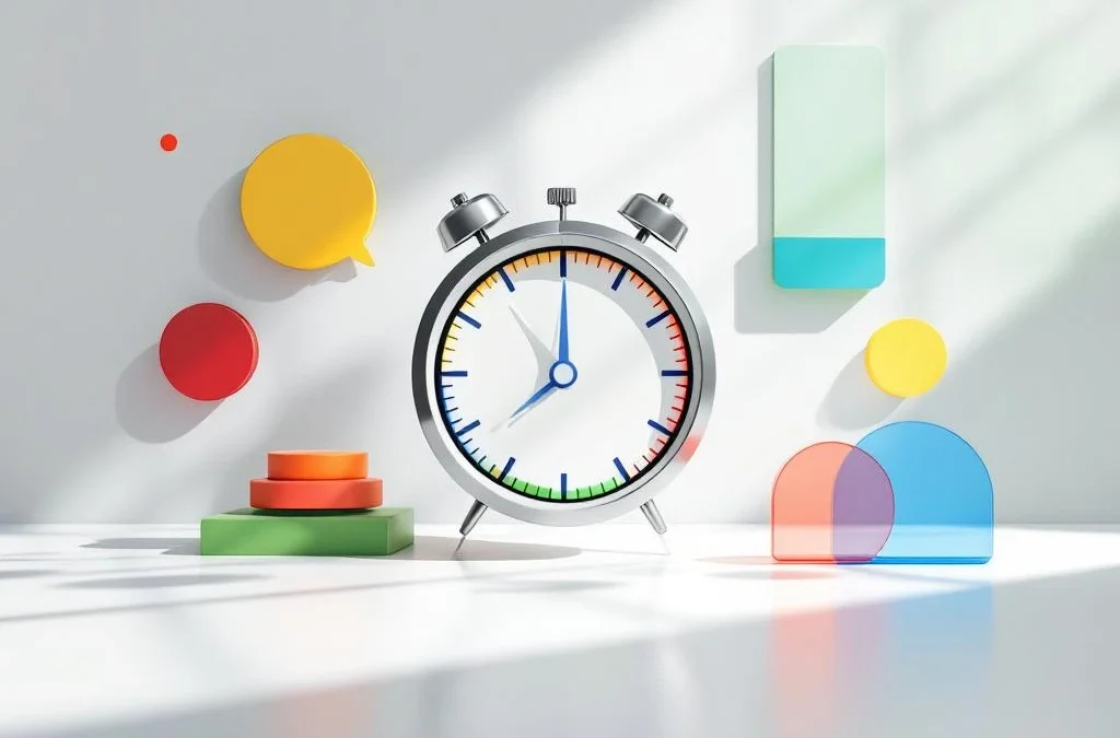 Digitale stopwatch met geometrische vormen in rood, geel, groen en blauw op witte achtergrond voor tijdmeting