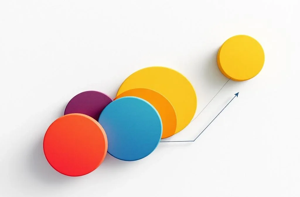 Geometrische vormen en cirkelvormige voortgangsindicatoren in rood, geel, groen en blauw tonen doelevaluatie en groei.