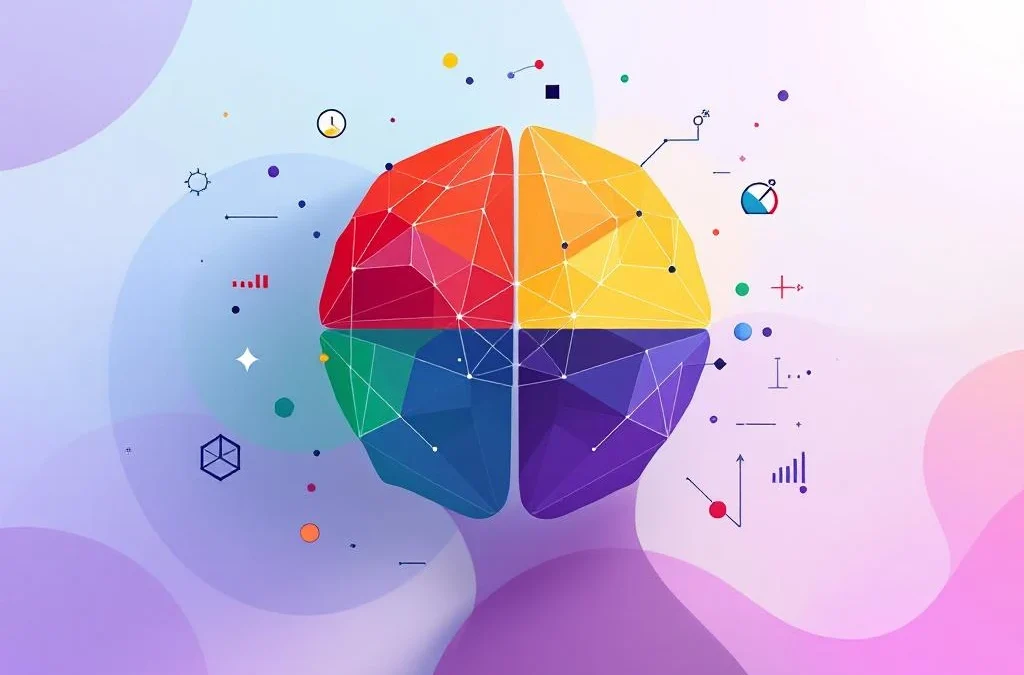 Geometrische hersensilhouet met circuit patronen omringd door vier gekleurde secties voor emotionele intelligentie analyse