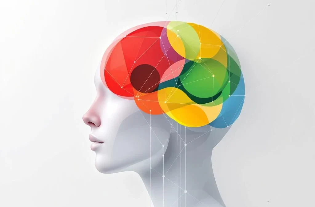 Abstracte menselijke hoofdsilhouet met vier gekleurde hersengebieden in rood, geel, groen en blauw op witte achtergrond