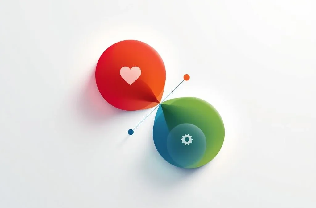 Vier onderling verbonden gekleurde cirkels in ruitpatroon met symbolen voor emotionele intelligentie op witte achtergrond