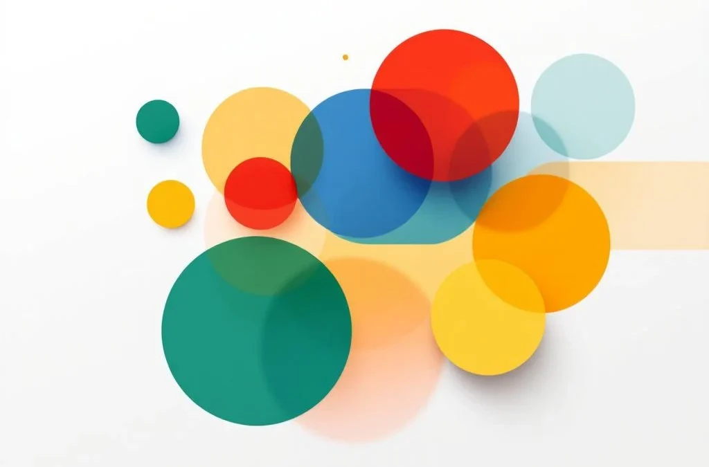 Abstracte geometrische vormen in rood, geel, groen en blauw die emotionele intelligentie concepten weergeven op witte achtergrond