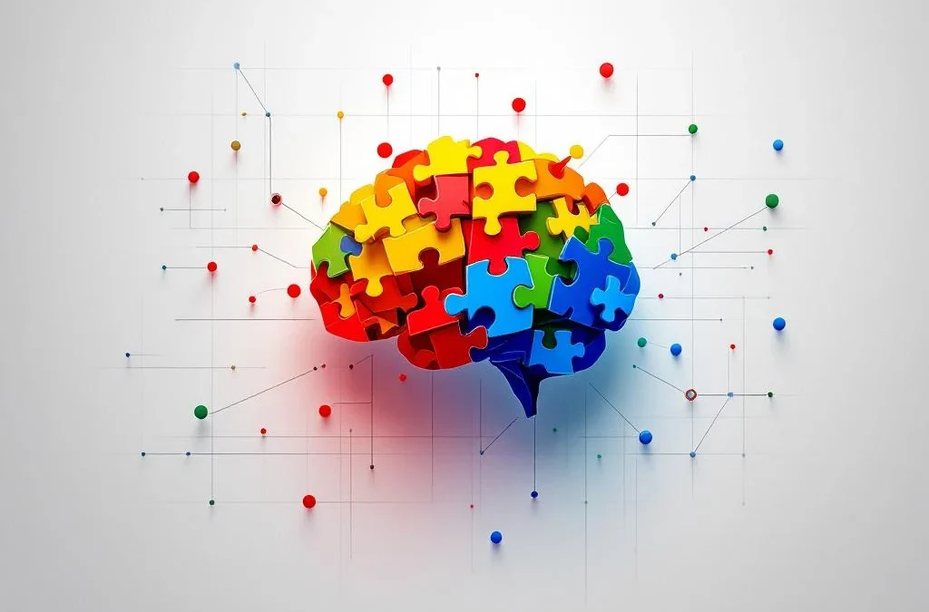 Geometrische hersenen van kleurrijke puzzelstukjes met EQ-i 2.0 concept en verbonden knooppunten op witte achtergrond
