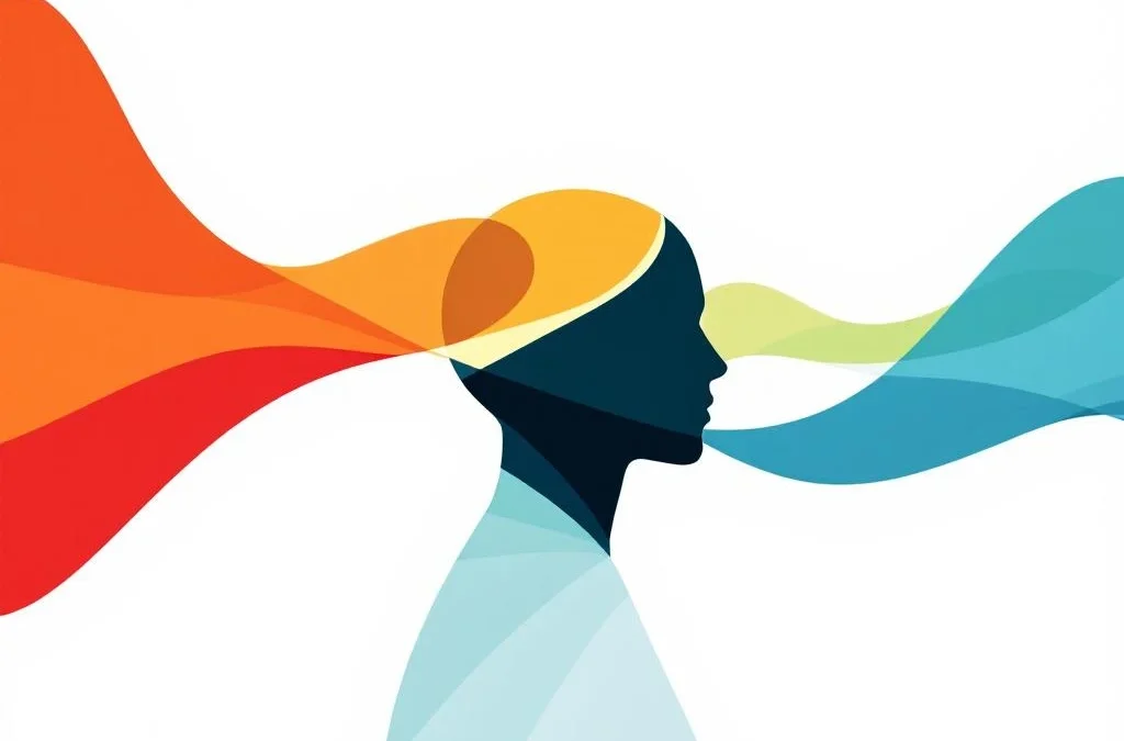 Menselijk hoofd silhouet met vier gekleurde streams (rood, geel, groen, blauw) die emotionele intelligentie paden voorstellen