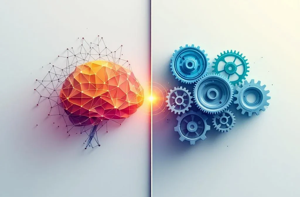 Geometrische compositie met neurale netwerken in rood-geel links en mechanische tandwielen in blauw-groen rechts