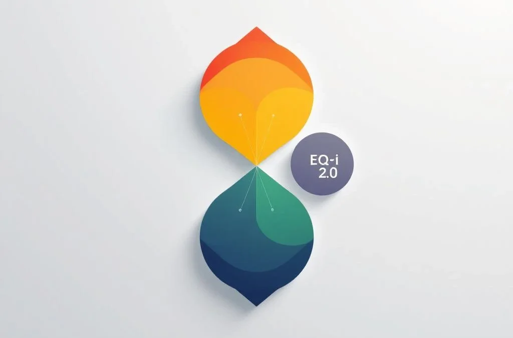 Vier onderling verbonden geometrische cirkels in rood, geel, groen en blauw die EQ-i 2.0 emotionele intelligentie weergeven