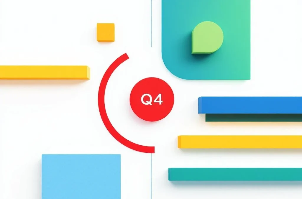 Circulaire voortgangsindicator in rood, geel, groen en blauw met geometrische vormen op witte achtergrond