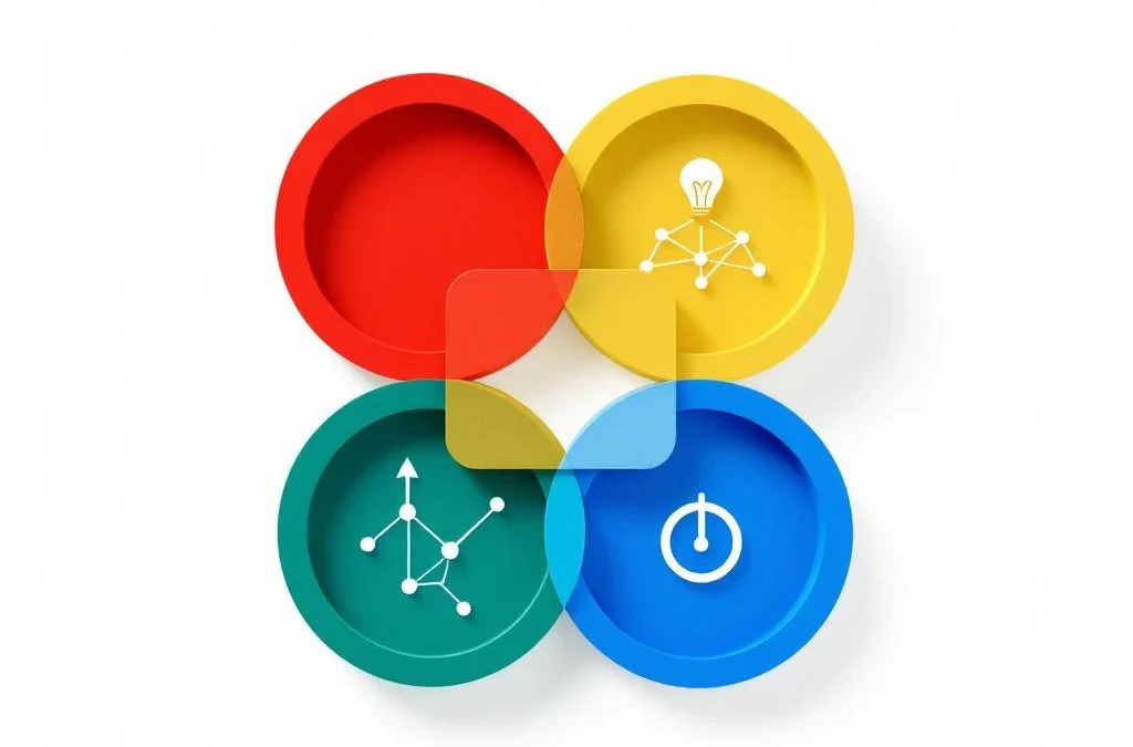 Vier onderling verbonden cirkels in rood, geel, groen en blauw met groei-iconen op witte achtergrond