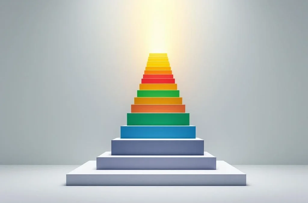 Geometrische trap in rood, geel, groen en blauw blokken die opwaarts leiden naar gouden licht, symboliseert groei en succes