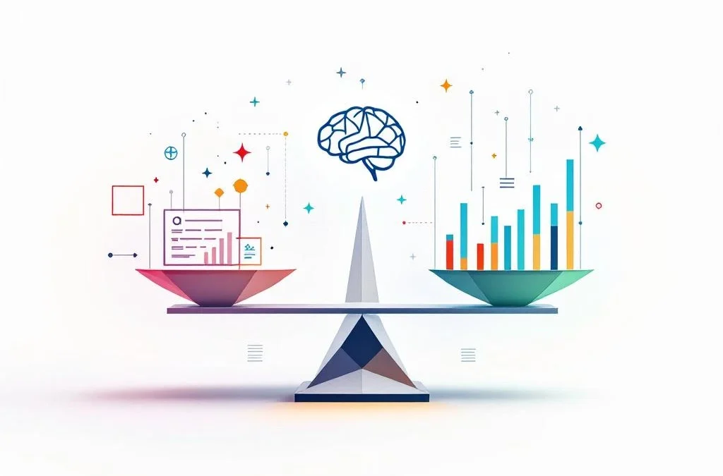 Geometrische weegschaal met hersenpictogram en datavisualisatie-elementen in Q4's kleuren op witte achtergrond