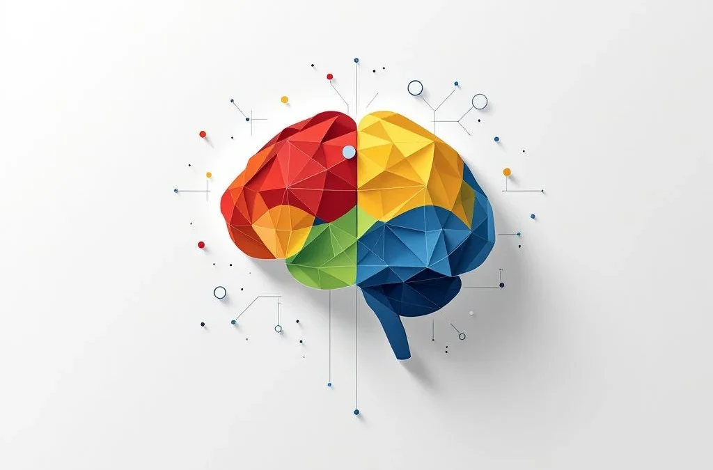 Geometrische hersenvorm in vier kleuren (rood, geel, groen, blauw) met neurale verbindingen op witte achtergrond