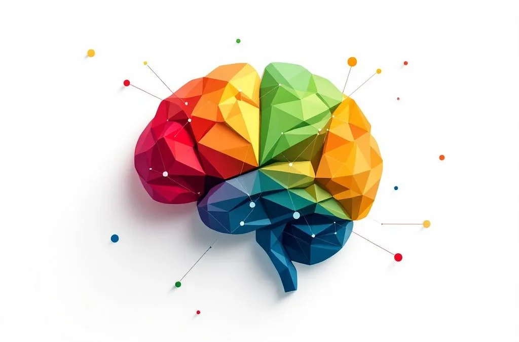 Geometrische hersenen silhouet in vier kleuren (rood, geel, groen, blauw) met verbindingslijnen op witte achtergrond