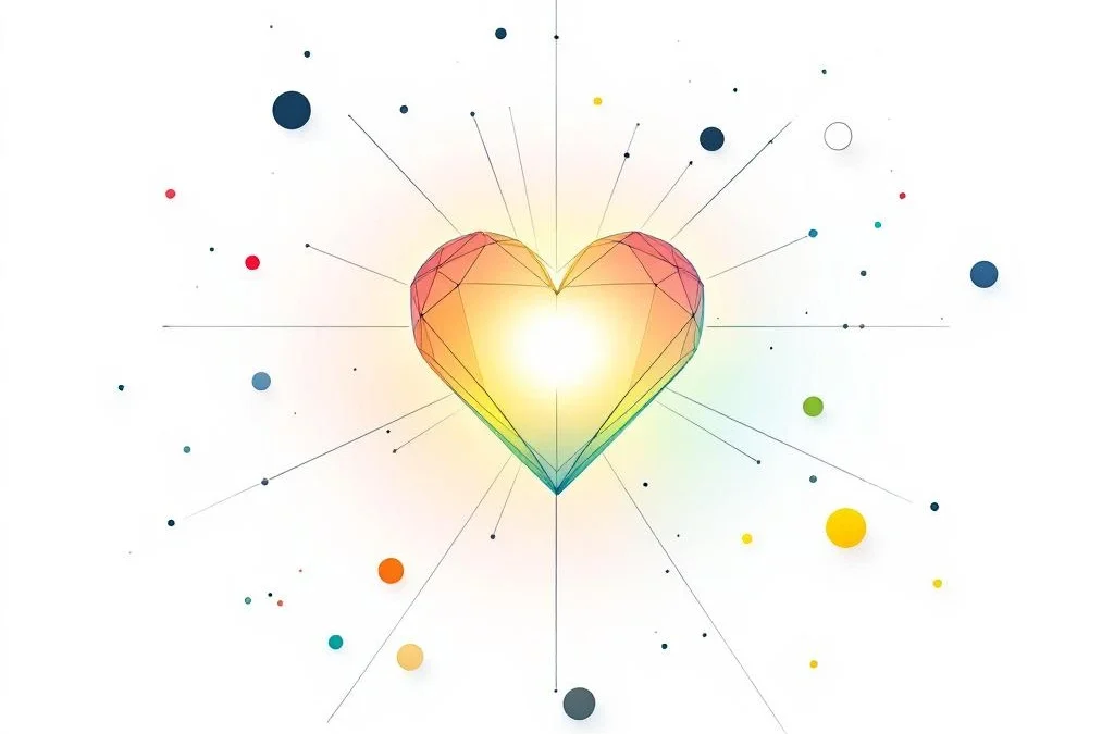 Geometrisch hart met kleurverloop omgeven door lijnen en cirkels in Q4 merkkleuren op witte achtergrond