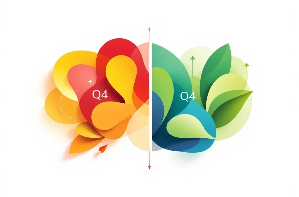 Geometrische compositie met warme rode en gele vormen links, koele groene en blauwe vormen rechts, gescheiden door diagonale lijn