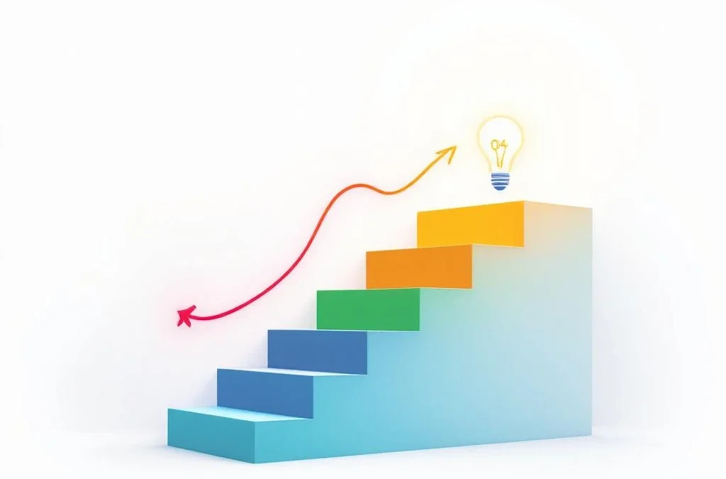 Kleurrijke geometrische trap met rode, gele, groene en blauwe blokken, gloeilamp onderaan en pijl omhoog voor groei