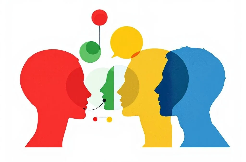 Abstracte menselijke silhouetten in levendige kleuren communiceren via geometrische vormen en pijlen op witte achtergrond