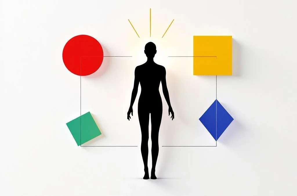 Abstracte menselijke silhouet omringd door rode cirkel, gele driehoek, groene vierkant en blauwe diamant op witte achtergrond