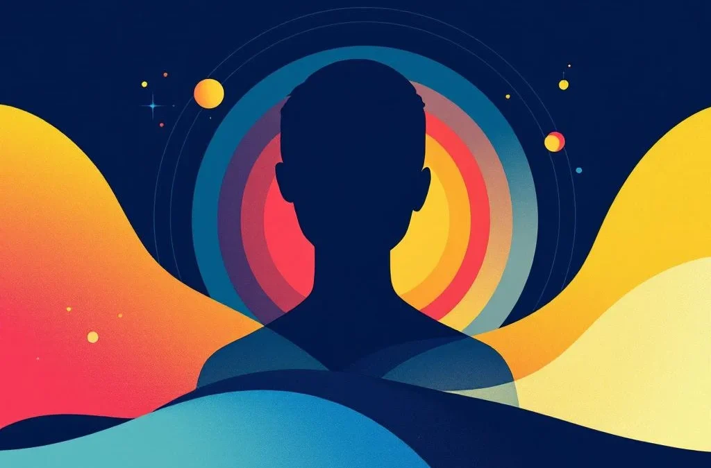 Abstract menselijke silhouet met geometrische patronen in rood, geel, groen en blauw, omringd door concentrische cirkels