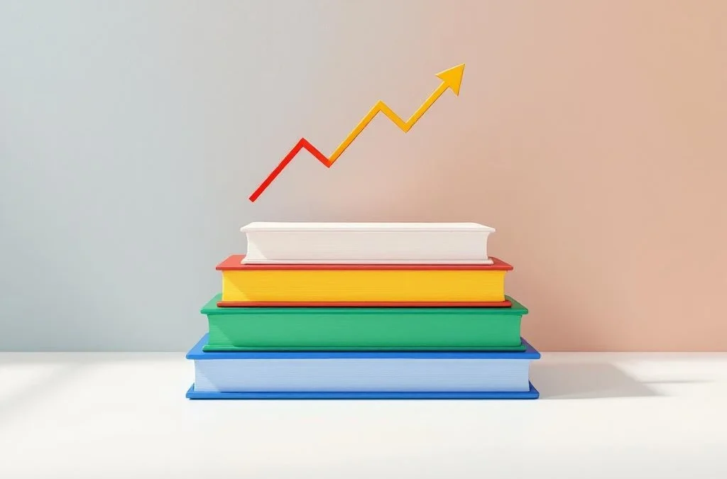 Stapel boeken in oplopende hoogte met Q4 merkkleuren en opwaartse pijlen op witte ondergrond met kleurverloop achtergrond