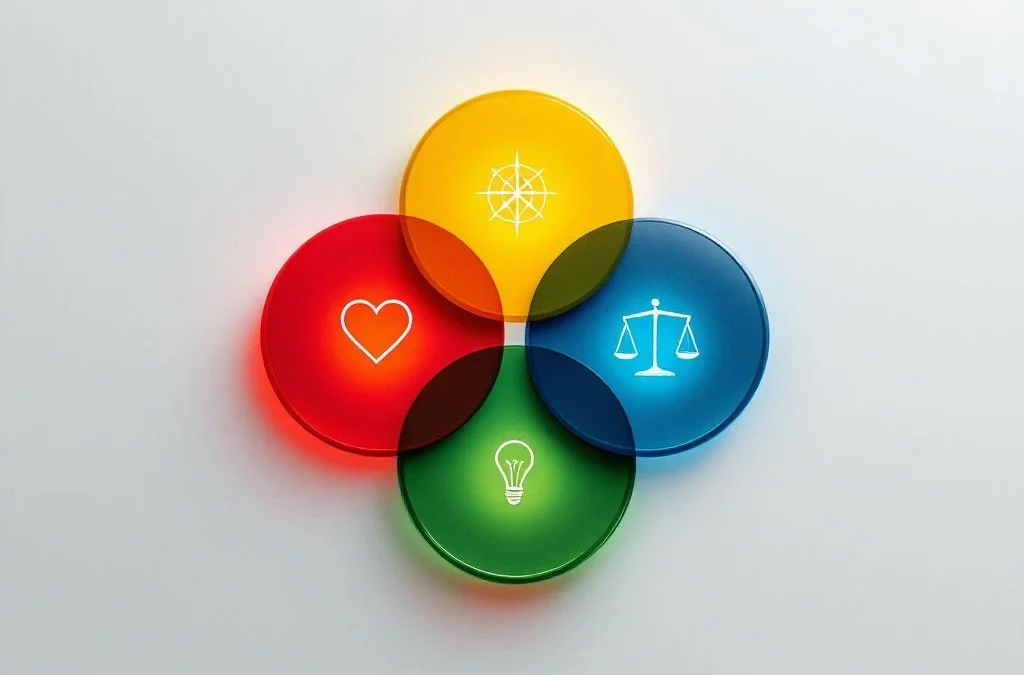 Vier onderling verbonden geometrische cirkels in rood, geel, groen en blauw met symbolen voor waarden en groei