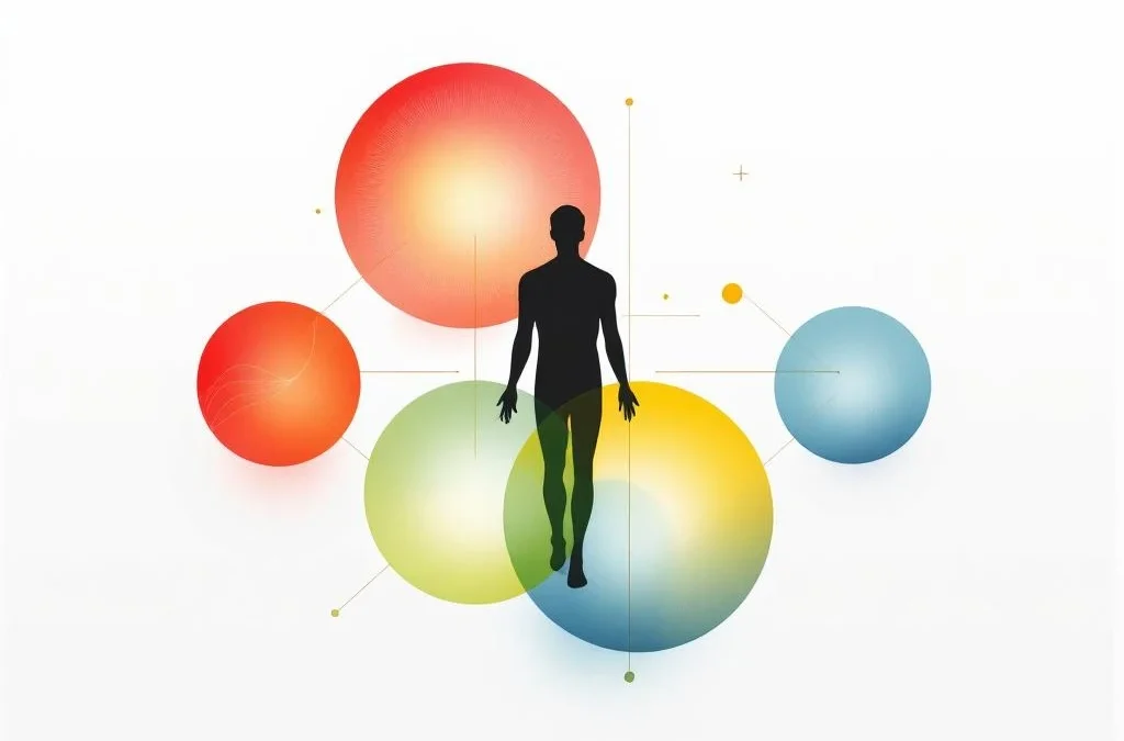 Menselijke silhouet reikt omhoog, omringd door vier gekleurde cirkels in rood, geel, groen en blauw op witte achtergrond