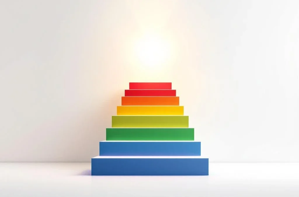 Kleurrijke geometrische trap met rode, gele, groene en blauwe blokken die opwaarts leiden naar helder licht op witte achtergrond