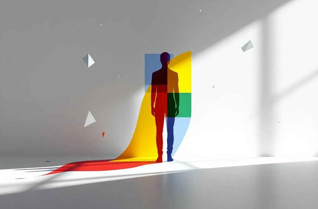 Abstracte menselijke silhouet van geometrische vormen in rood, geel, groen en blauw met spiegelfragmenten op witte achtergrond