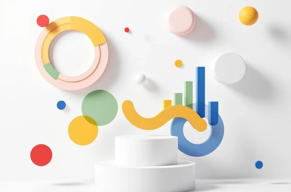 Geometrische vormen en grafieken voor persoonlijkheidsanalyse in Q4 merkkleuren rood, geel, groen en blauw op witte achtergrond