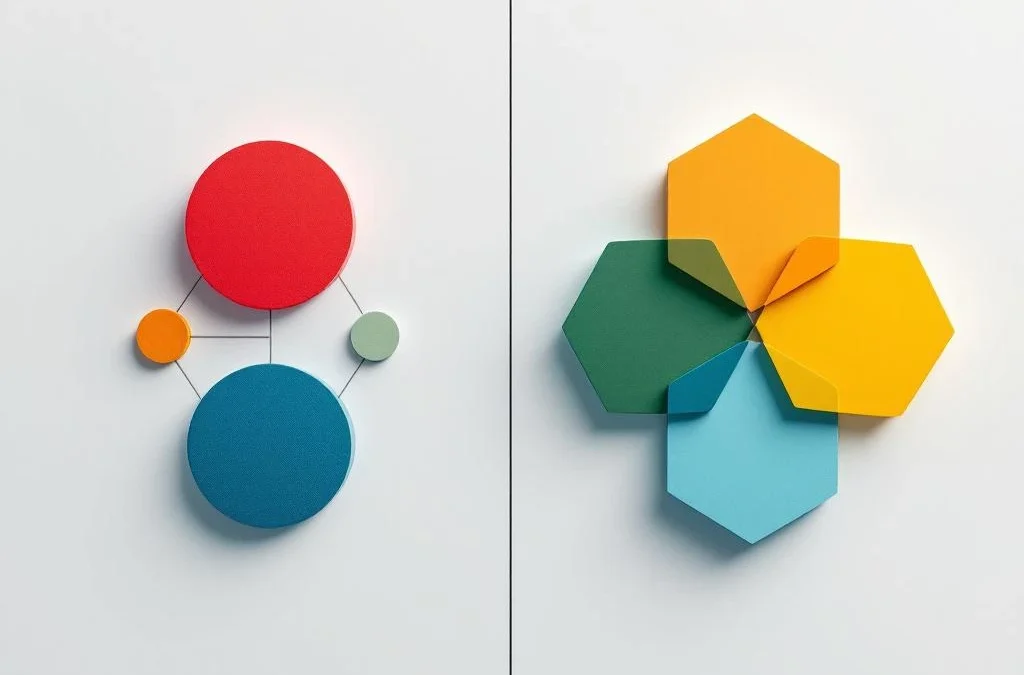 Gesplitste weergave van DISC persoonlijkheidstest met vier gekleurde cirkels en Big Five met vijf pentagonen op gradiënt.