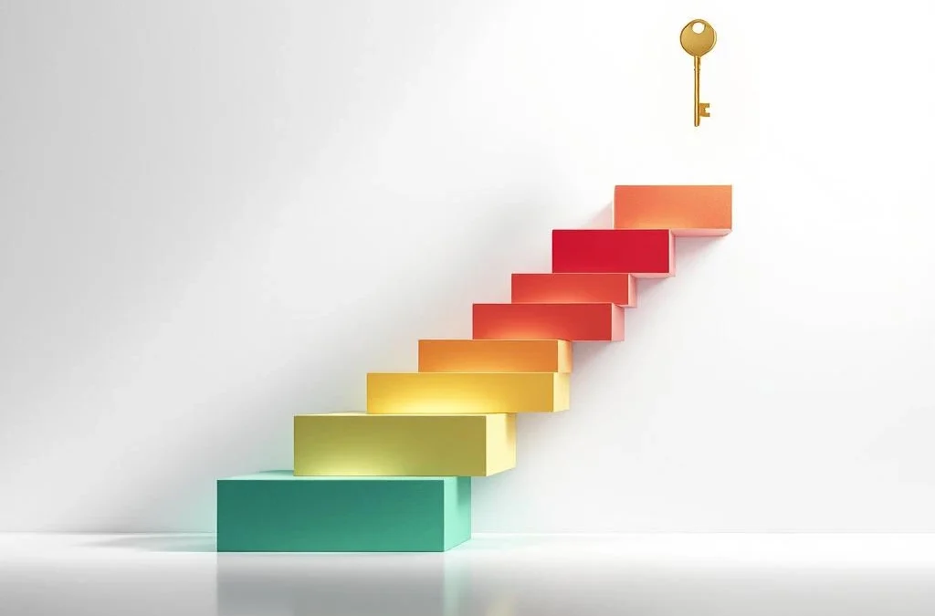 Gekleurde geometrische trappen in rood, geel, groen en blauw leiden naar gouden sleutel op witte achtergrond