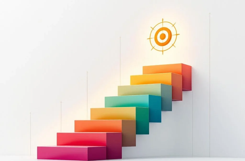 Kleurrijke geometrische trap in rood, geel, groen en blauw die opwaarts leidt naar gouden doelsymbool op witte achtergrond.