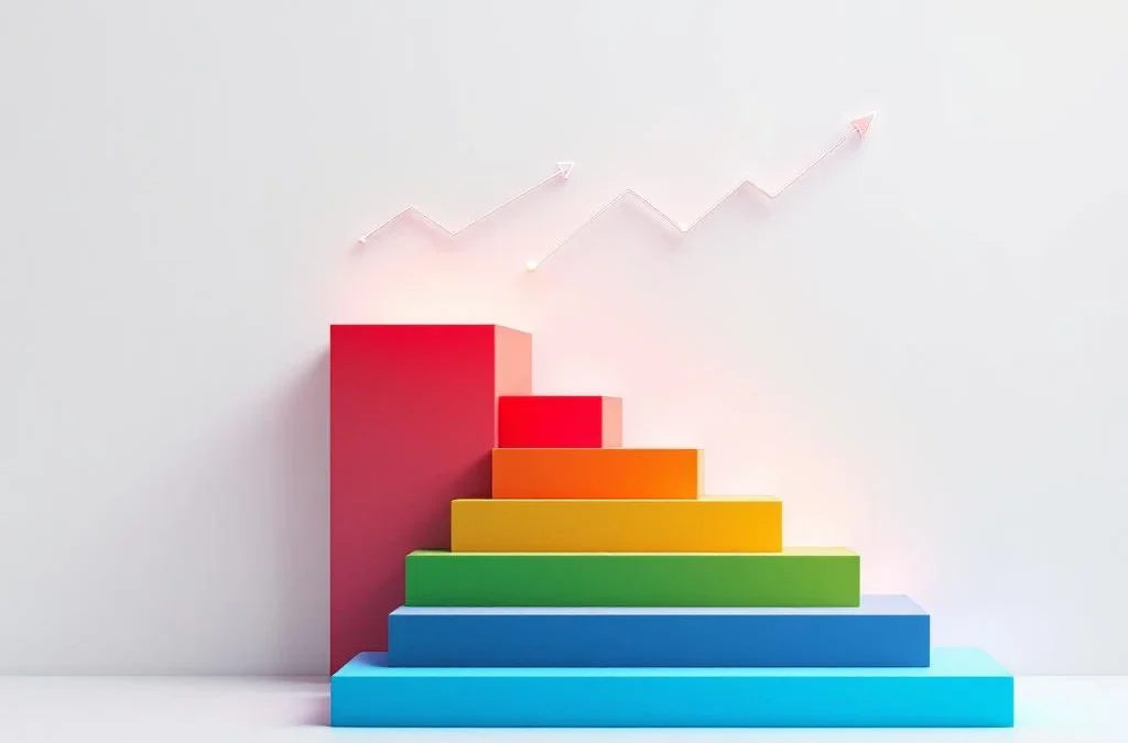 Kleurrijke geometrische trap in rood, geel, groen en blauw met voortgangsindicatoren die groei en ontwikkeling symboliseren