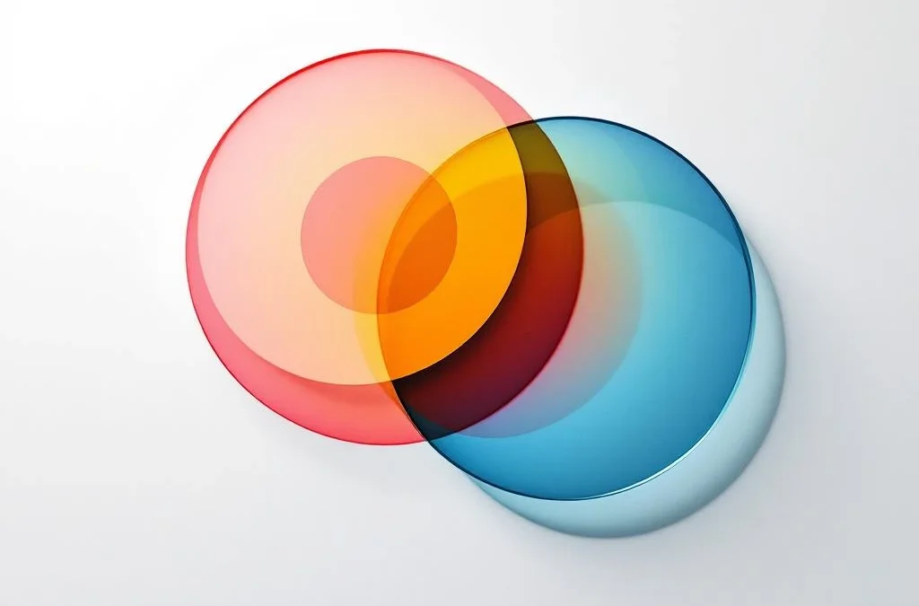 Twee in elkaar grijpende geometrische cirkels in Q4 merkkleuren tegen witte achtergrond voor persoonlijke ontwikkeling