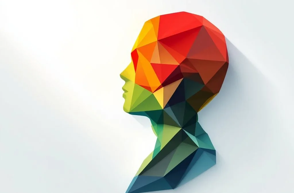 Abstracte menselijke silhouet van geometrische vormen in rood, geel, groen en blauw met lichtstralen uit hoofd op witte achtergrond