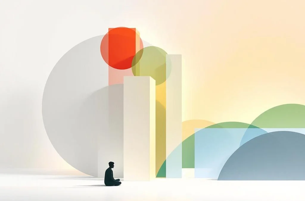 Kleine figuur omringd door grote geometrische vormen op witte achtergrond, met kleuraccenten die opwaarts helderder worden