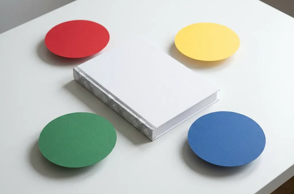 Hardcover boek met geometrisch ontwerp op wit bureau, omringd door vier gekleurde cirkels in rood, geel, groen en blauw