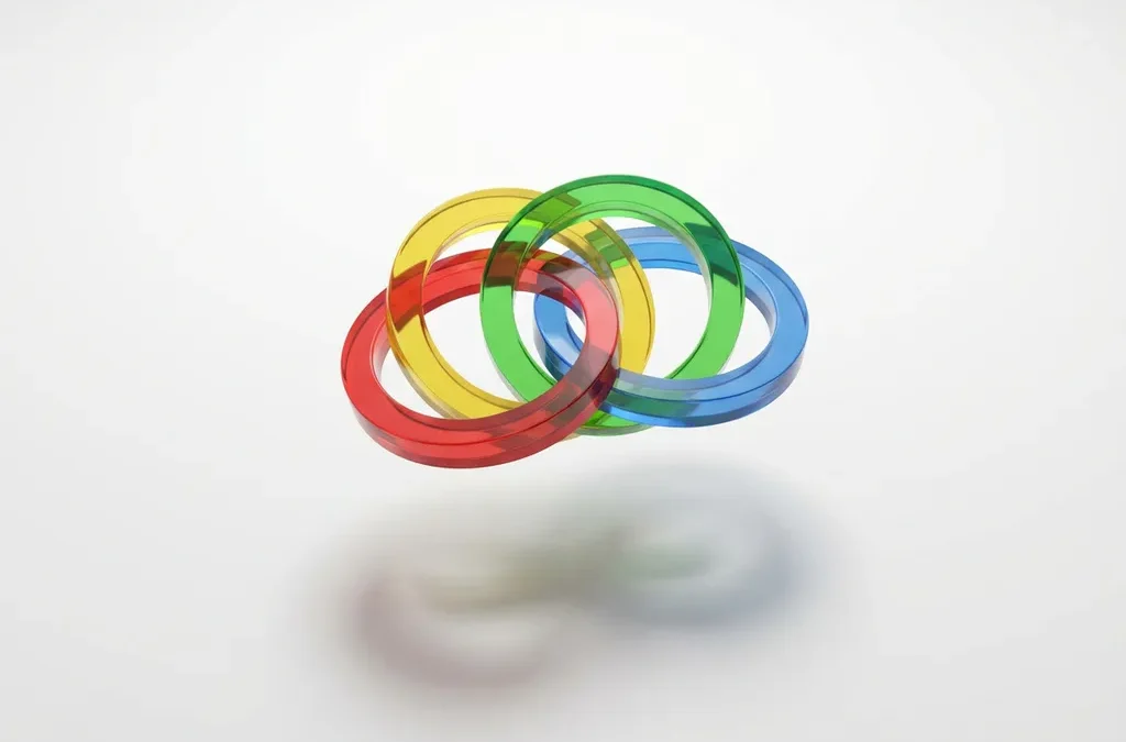 Vier in elkaar grijpende cirkelvormige ringen in rood, geel, groen en blauw met overlappende schaduwen op witte ondergrond