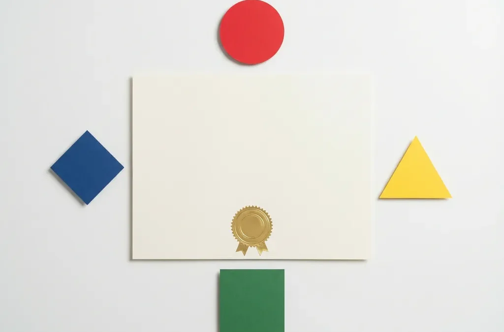 Certificaat met gouden zegel omringd door rode cirkel, gele driehoek, groene vierkant en blauwe diamant op witte achtergrond