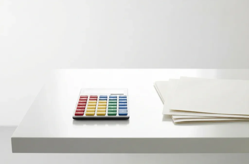 Kleurrijke calculator met rode, gele, groene en blauwe toetsen naast stapel zakelijke documenten op wit bureau