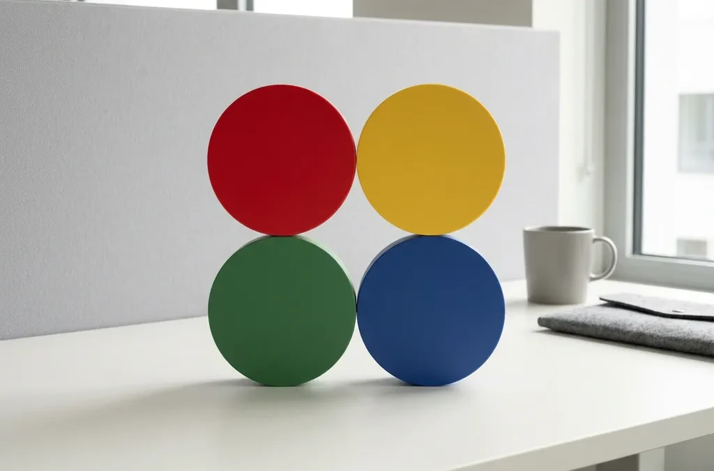 Vier geometrische cirkels in DISC-kleuren rood, geel, groen en blauw gerangschikt in vierkante formatie op witte ondergrond