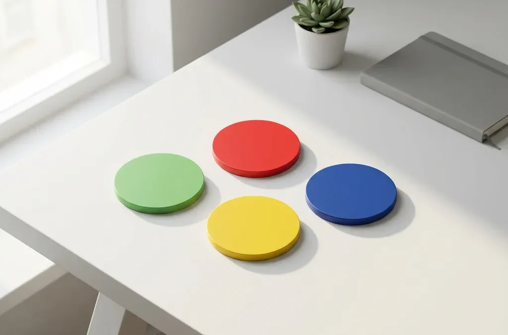Vier gekleurde cirkels in diamantvormatie op witte ondergrond: rood, geel, groen en blauw met zachte schaduwen