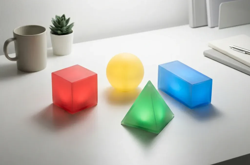 Vier geometrische blokken in DISC-kleuren rood, geel, groen en blauw gerangschikt op witte ondergrond met zachte schaduwen