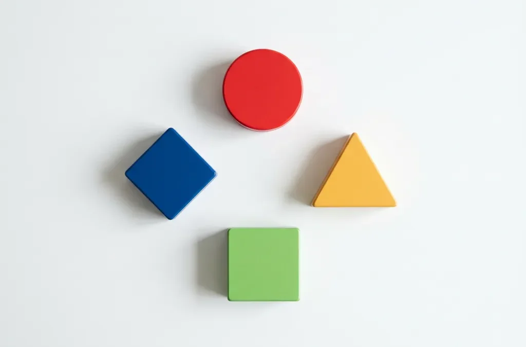 Vier geometrische vormen in DISC-kleuren rood, geel, groen en blauw perfect gerangschikt op witte ondergrond